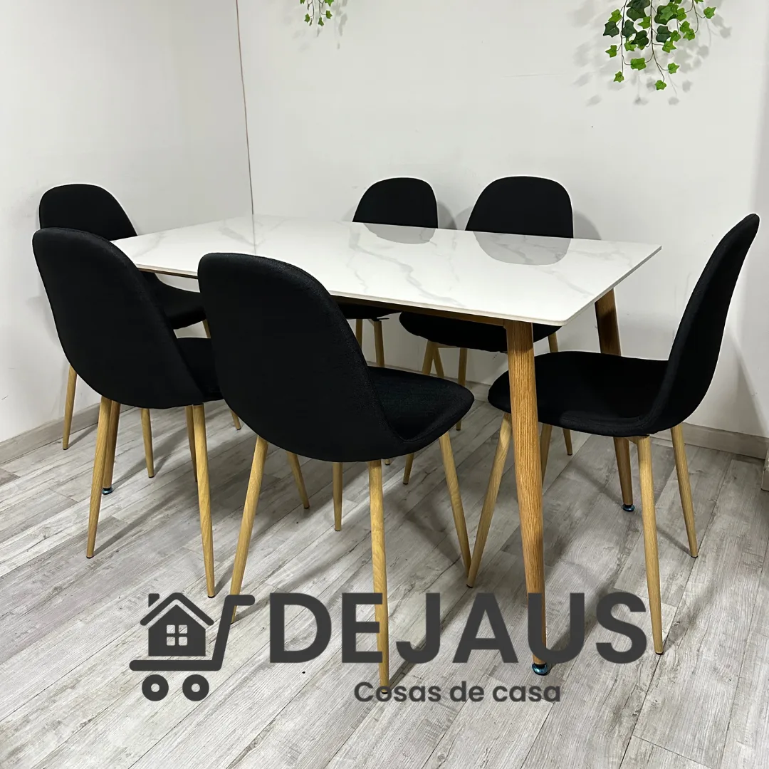 Mesa Rectangular Cuarzo Calacatta con 6 Sillas Spoon Lino