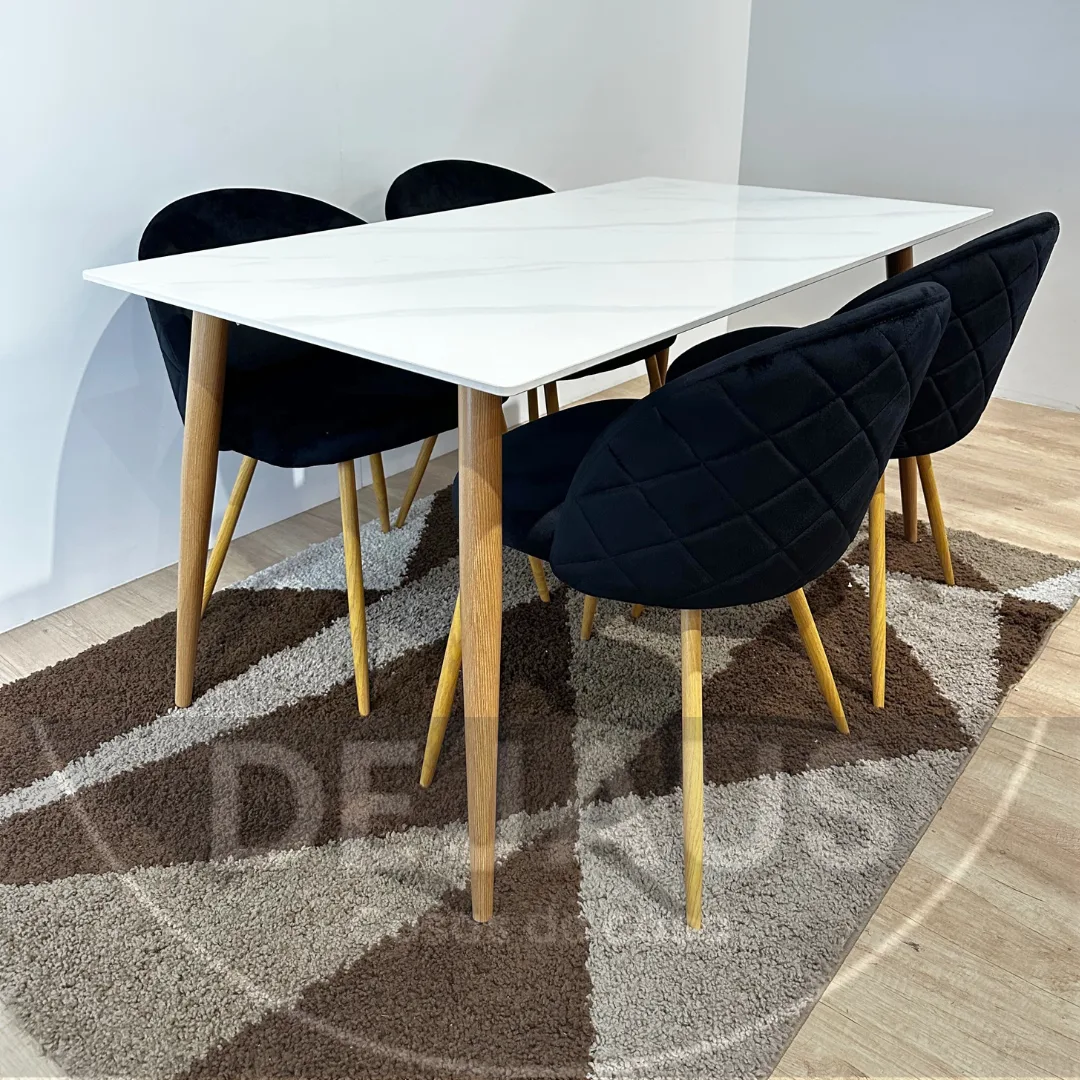 Mesa Rectangular Cuarzo Calacatta con 6 Sillas Tokio Felpa