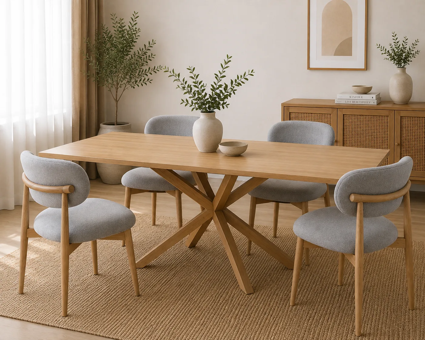 Mesa Rectangular Warwick MDF Wood con 4 Silla Siena Lino Wood