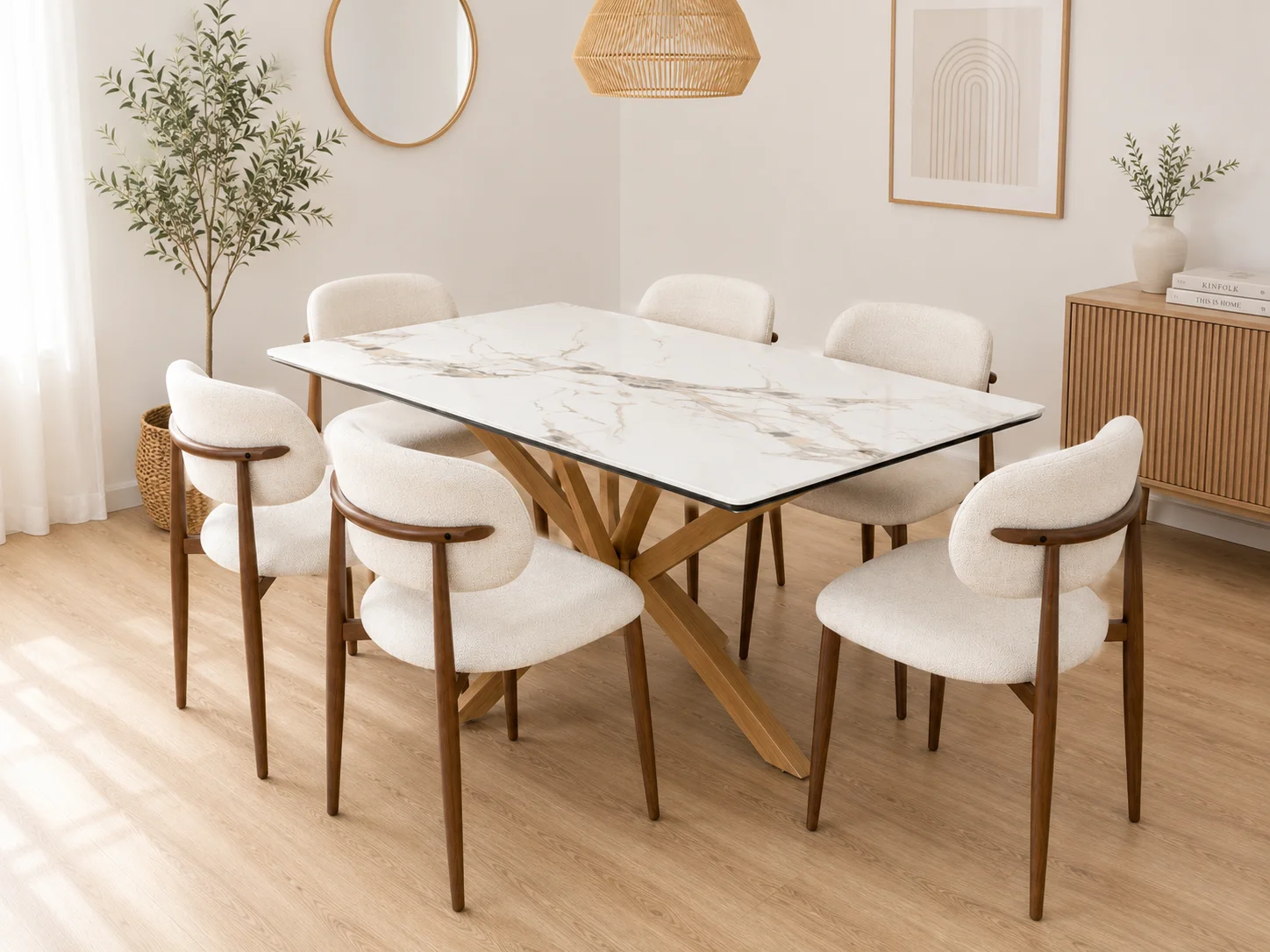 Mesa Rectangular Warwick Stone Wood con 6 Silla Siena Lino