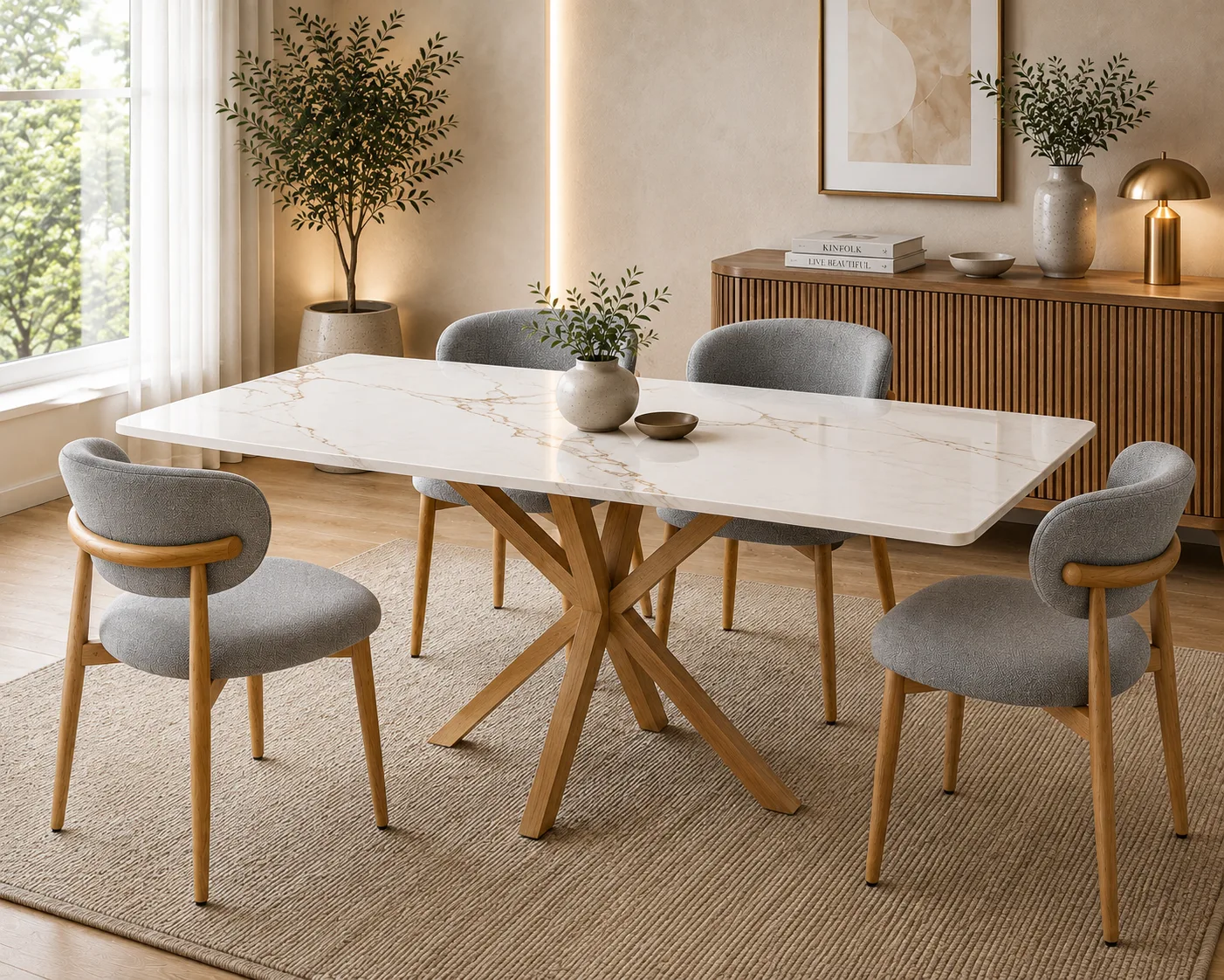 Mesa Rectangular Warwick Stone Wood con 6 Silla Siena Lino Wood