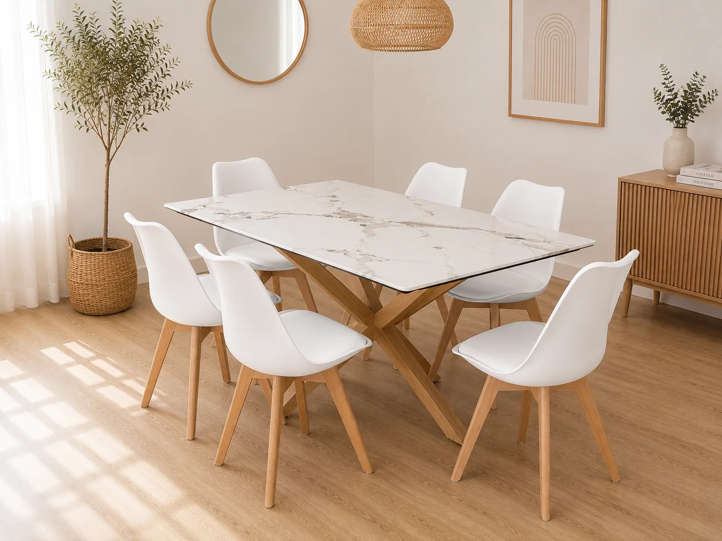 Mesa  Rectangular  Warwick Stone Wood con 6 Silla Tulip Acolchadas