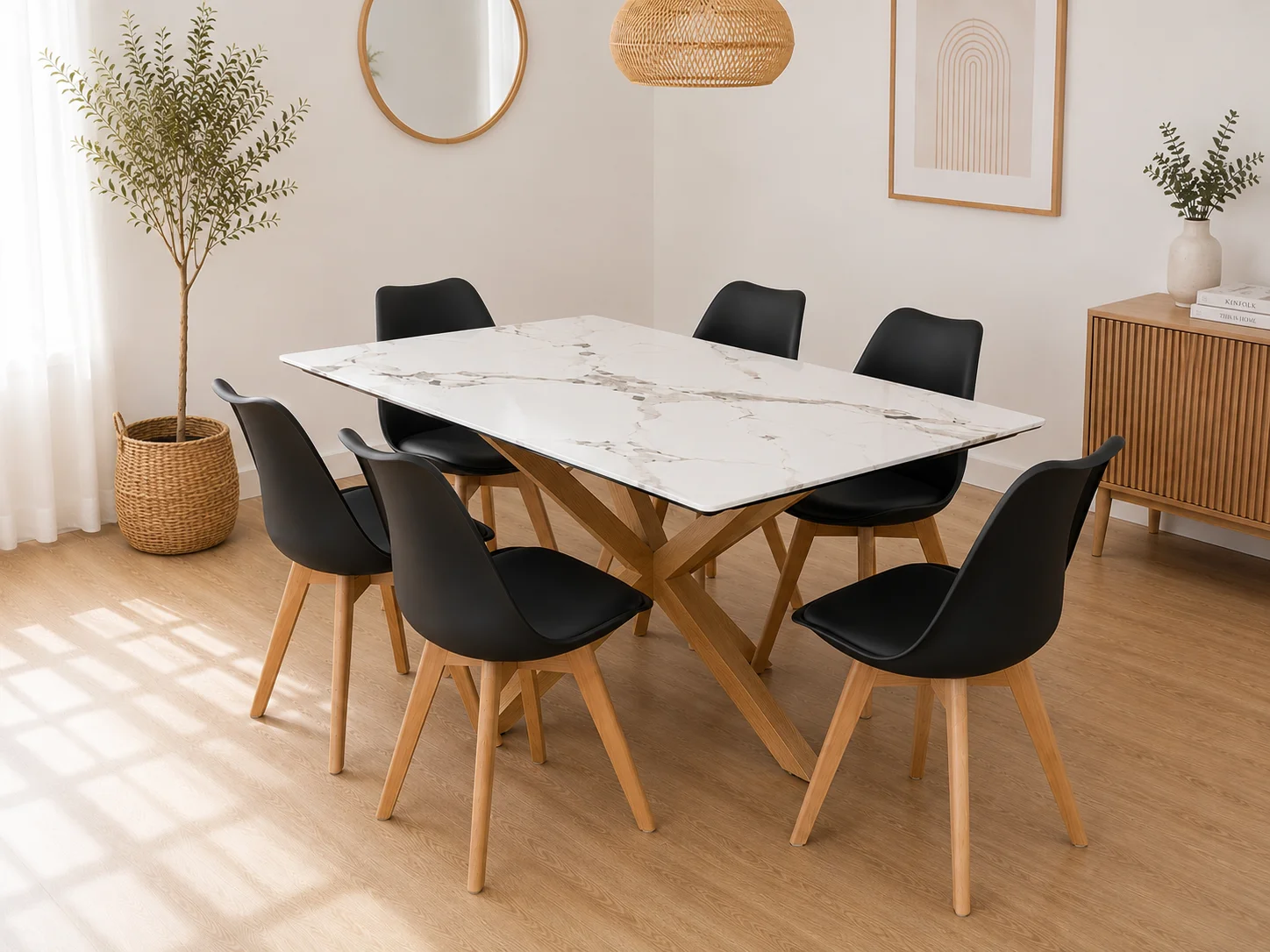 Mesa  Rectangular  Warwick Stone Wood con 6 Silla Tulip Acolchadas