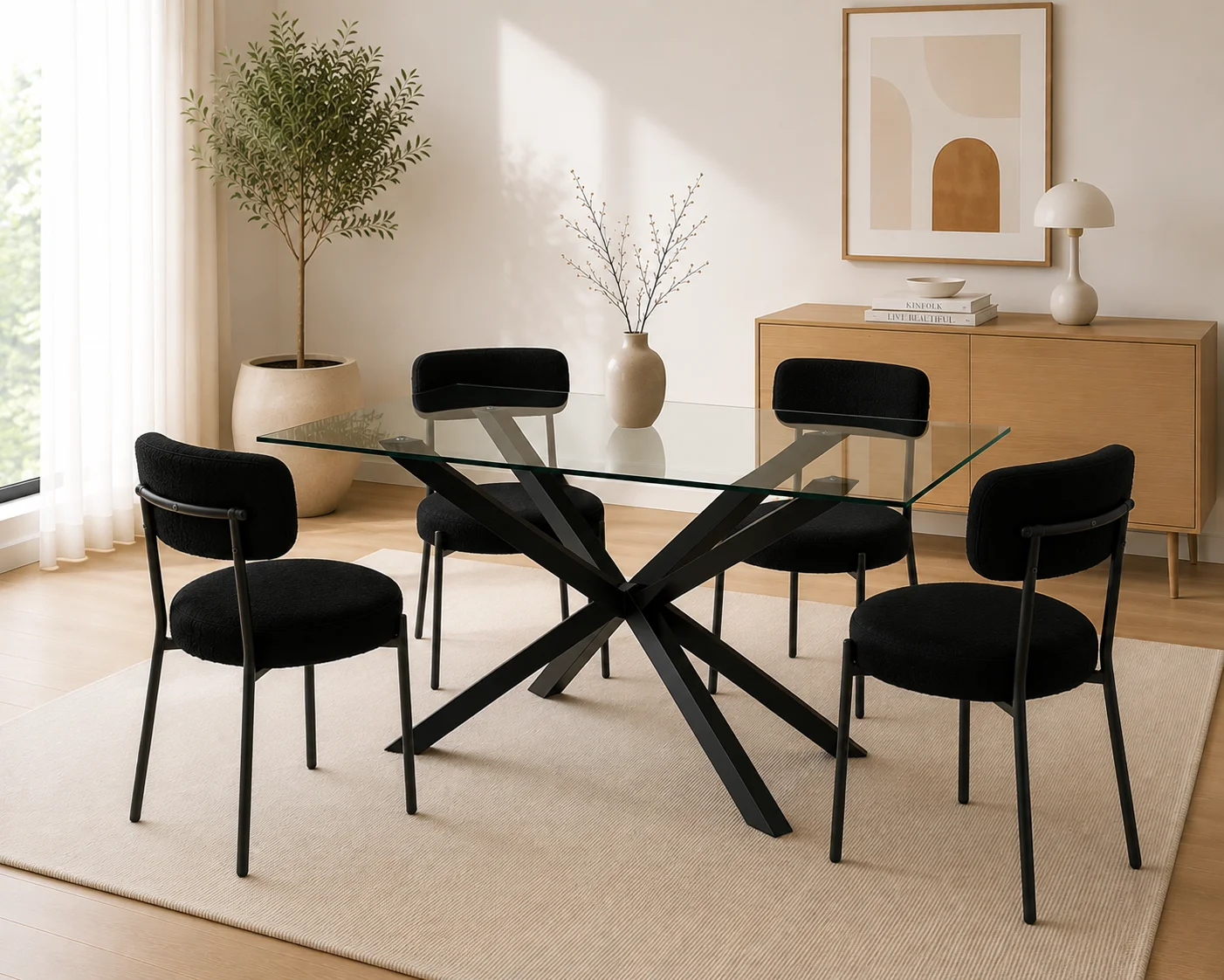 Mesa Rectangular Warwick Vidrio Black con 4 Sillas Oslo Boucle Black