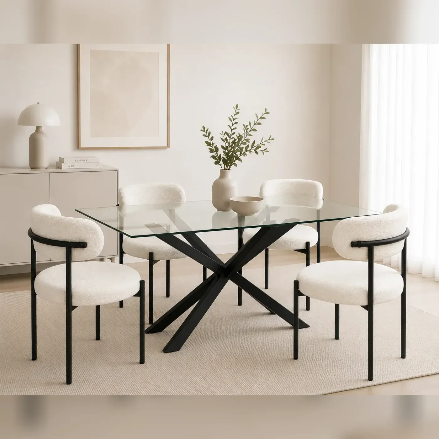 Mesa Rectangular Warwick Vidrio Black con 4 Sillas Oslo Lino Black