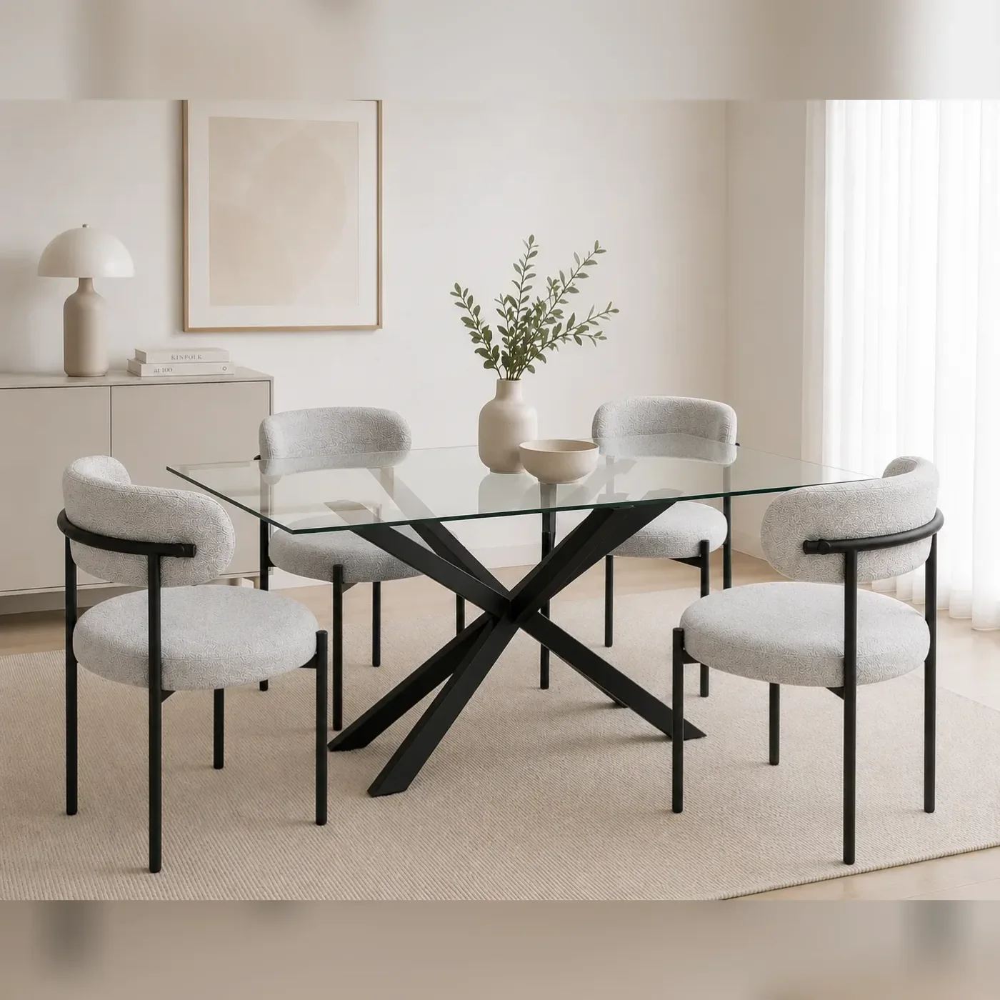 Mesa Rectangular Warwick Vidrio Black con 4 Sillas Oslo Lino Black
