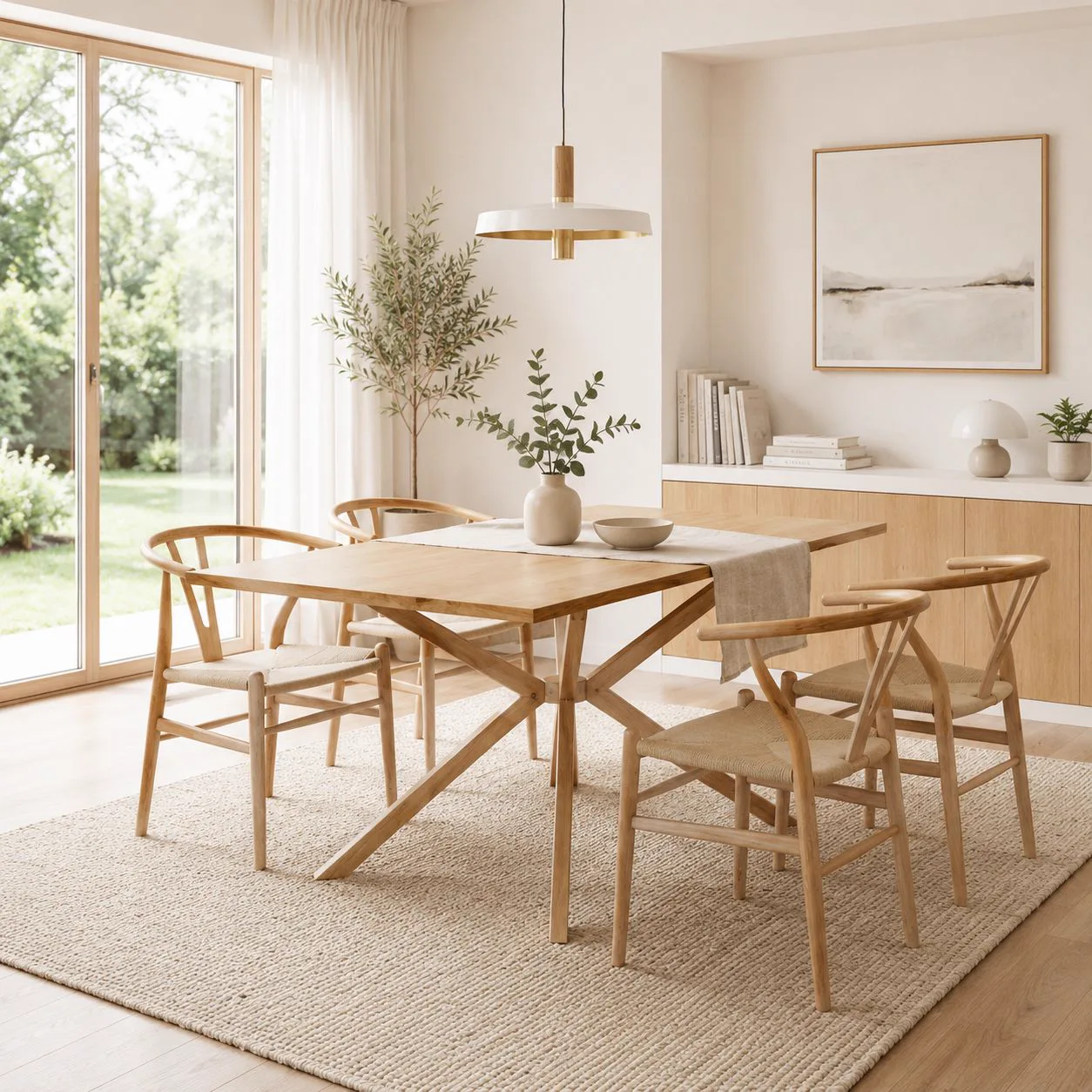 Mesa Rectangular Yarda Wood con 4 Sillas Wishbone Madera