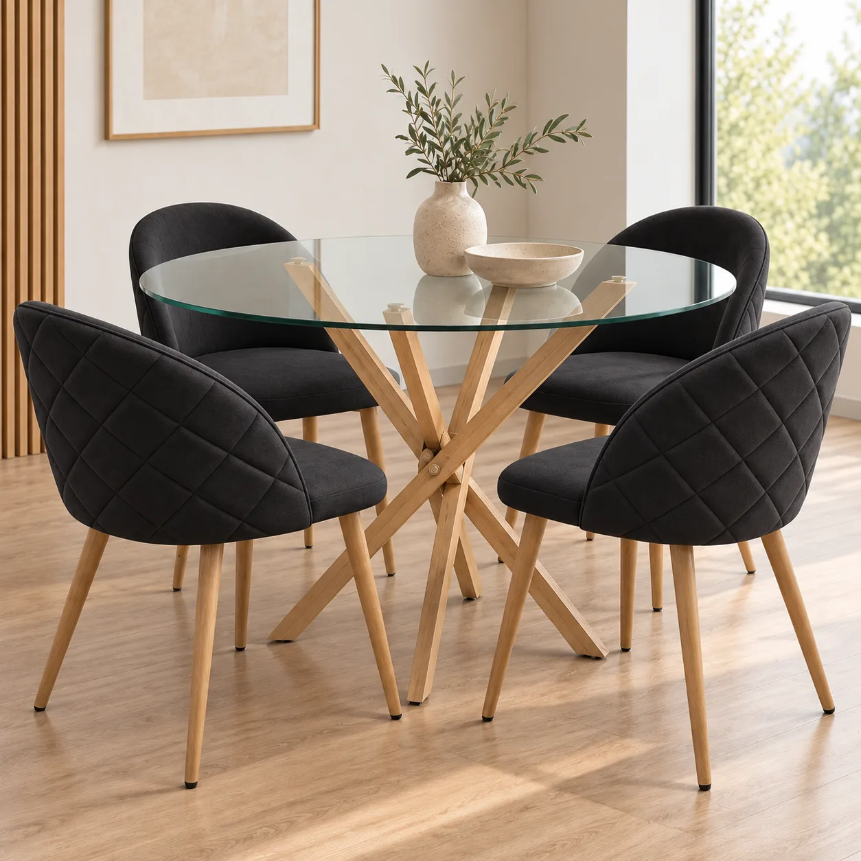 Mesa Redonda Dubai Vidrio con 4 Silla Tokio Felpa Wood