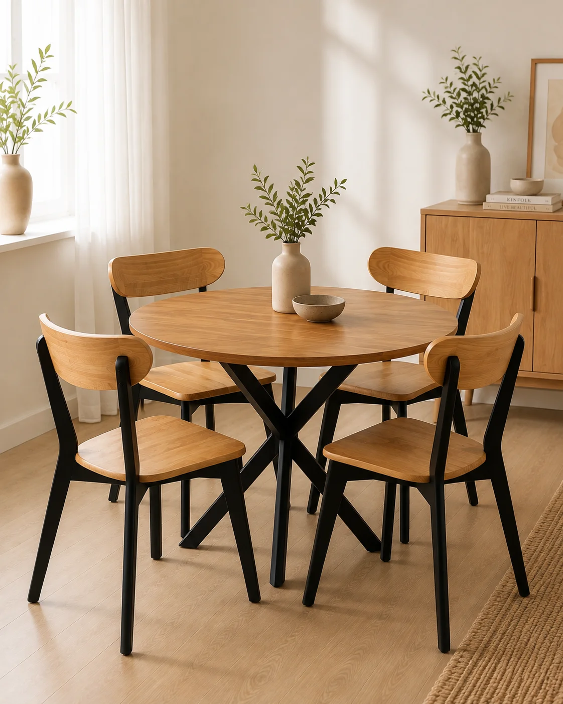 Mesa Redonda Nordica X con 4 Sillas Fresno Madera Negro