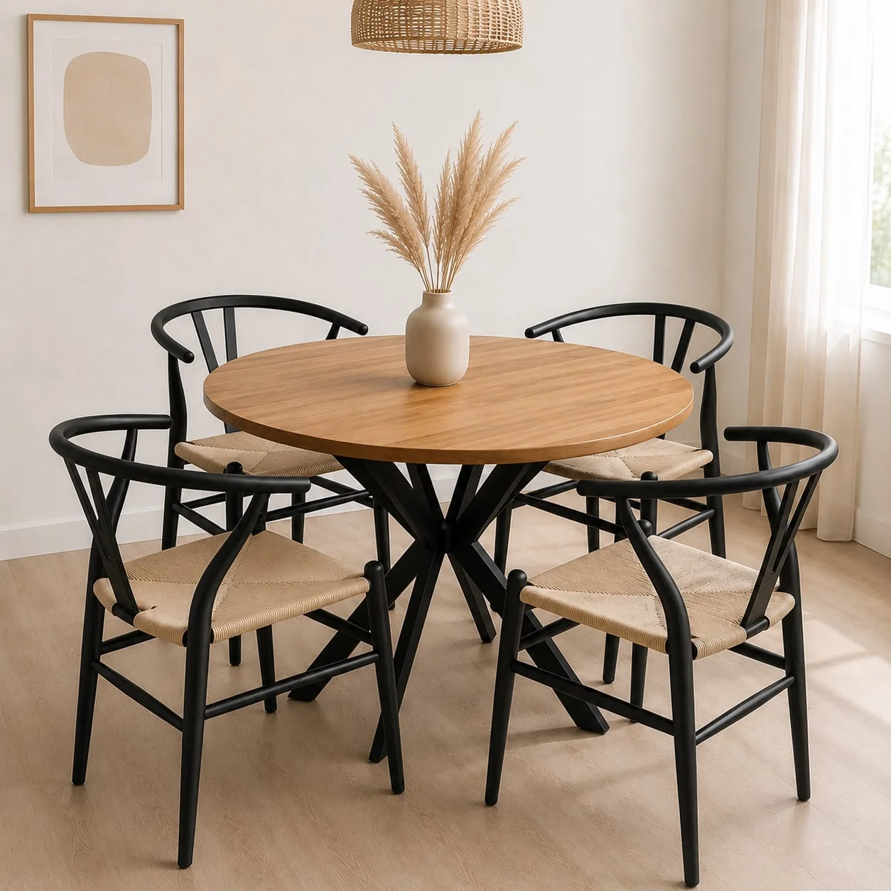 Mesa Redonda Nordica X Wood con 4 Silla Wishbone Madera