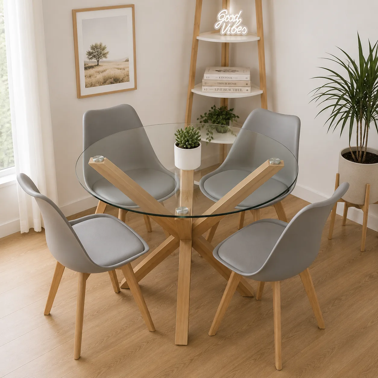 Mesa  Redonda Warwick Vidrio con 4 Sillas Tulip
