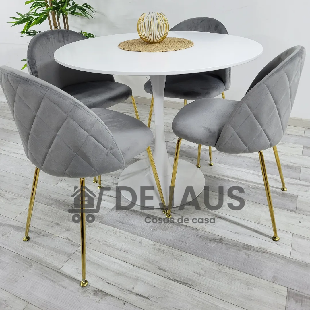 Mesa Tulip Blanco (100cm) con 4 Sillas Tokio Felpa Gold
