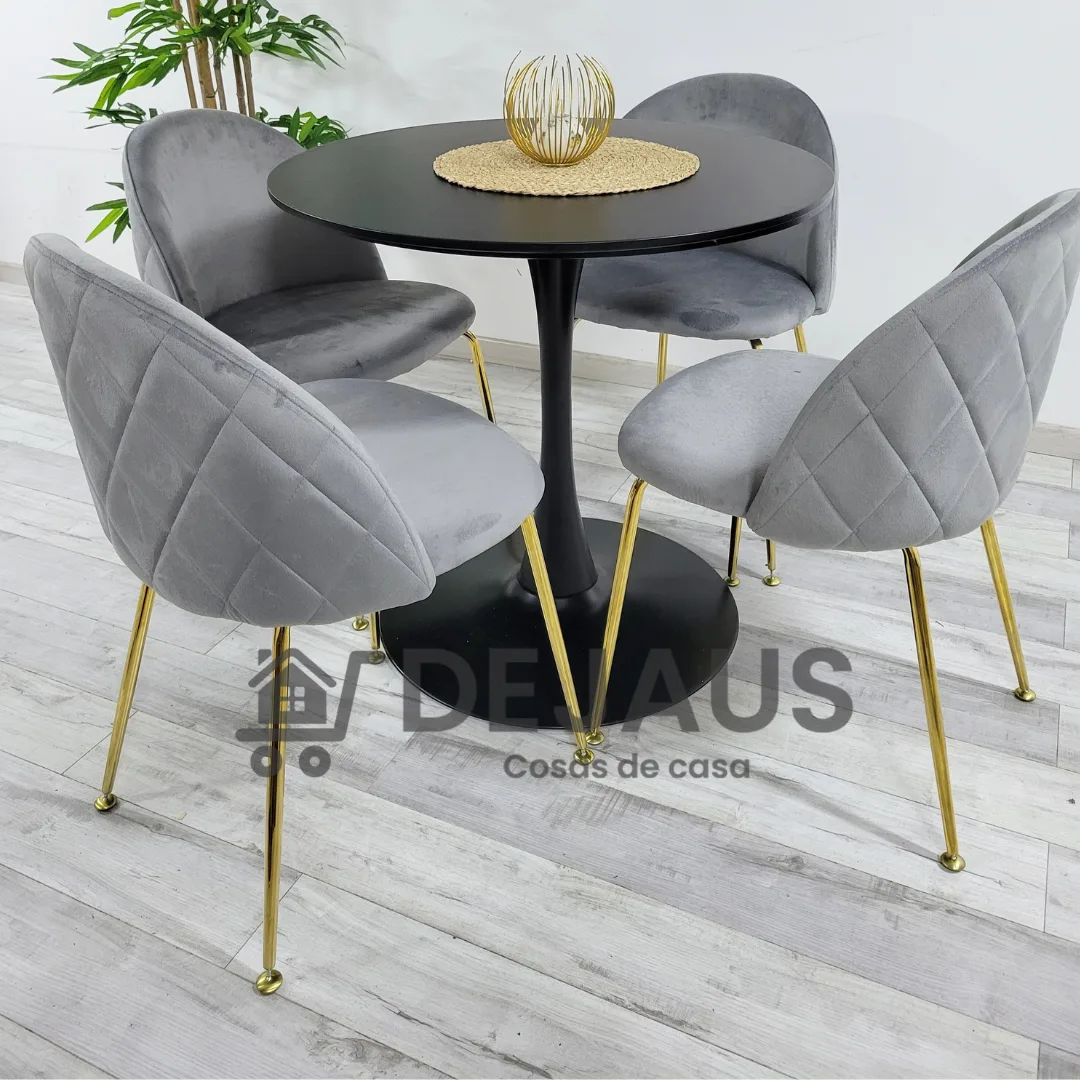Mesa Tulip Negro (100cm) con 4 Silla Tokio Felpa Gold
