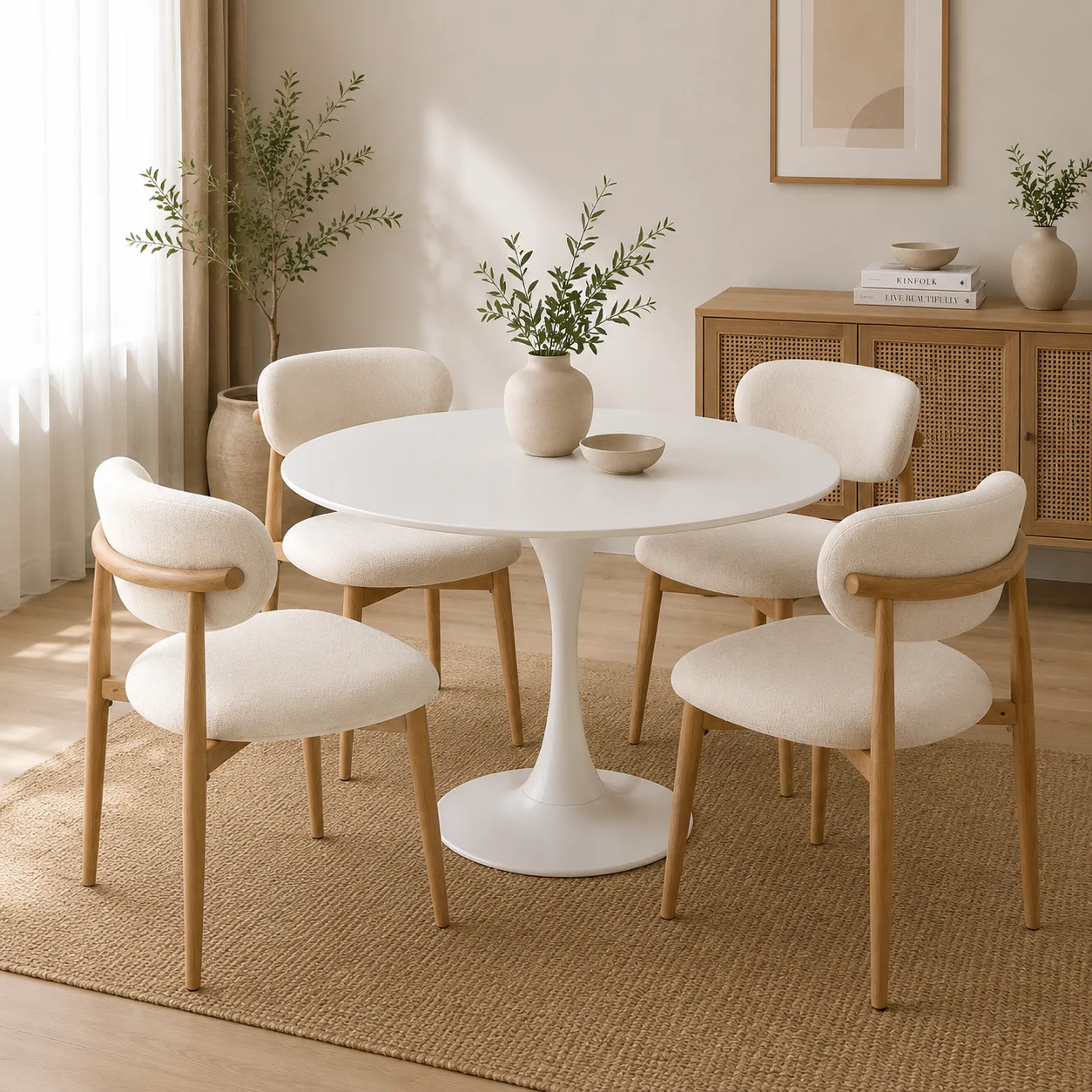 Mesa Tulip Redonda con 4 Silla Siena Lino Wood