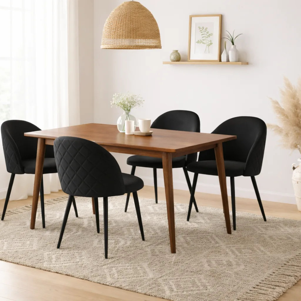 Mesa Vema Walnut Rectangular con 4 Sillas Tokio Felpa Black