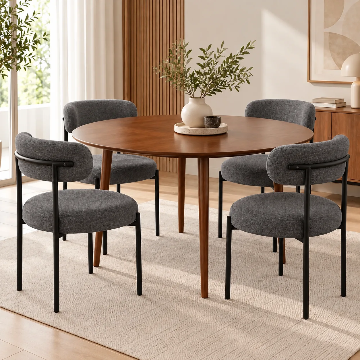 Mesa Vema Redonda Walnut 100cm con 4 sillas Oslo Lino Black