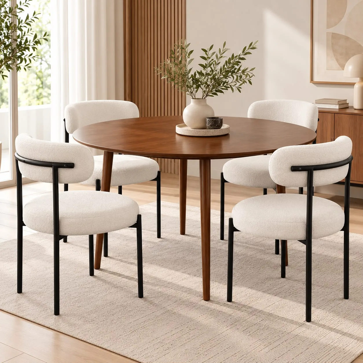 Mesa Vema Redonda Walnut 100cm con 4 sillas Oslo Lino Black