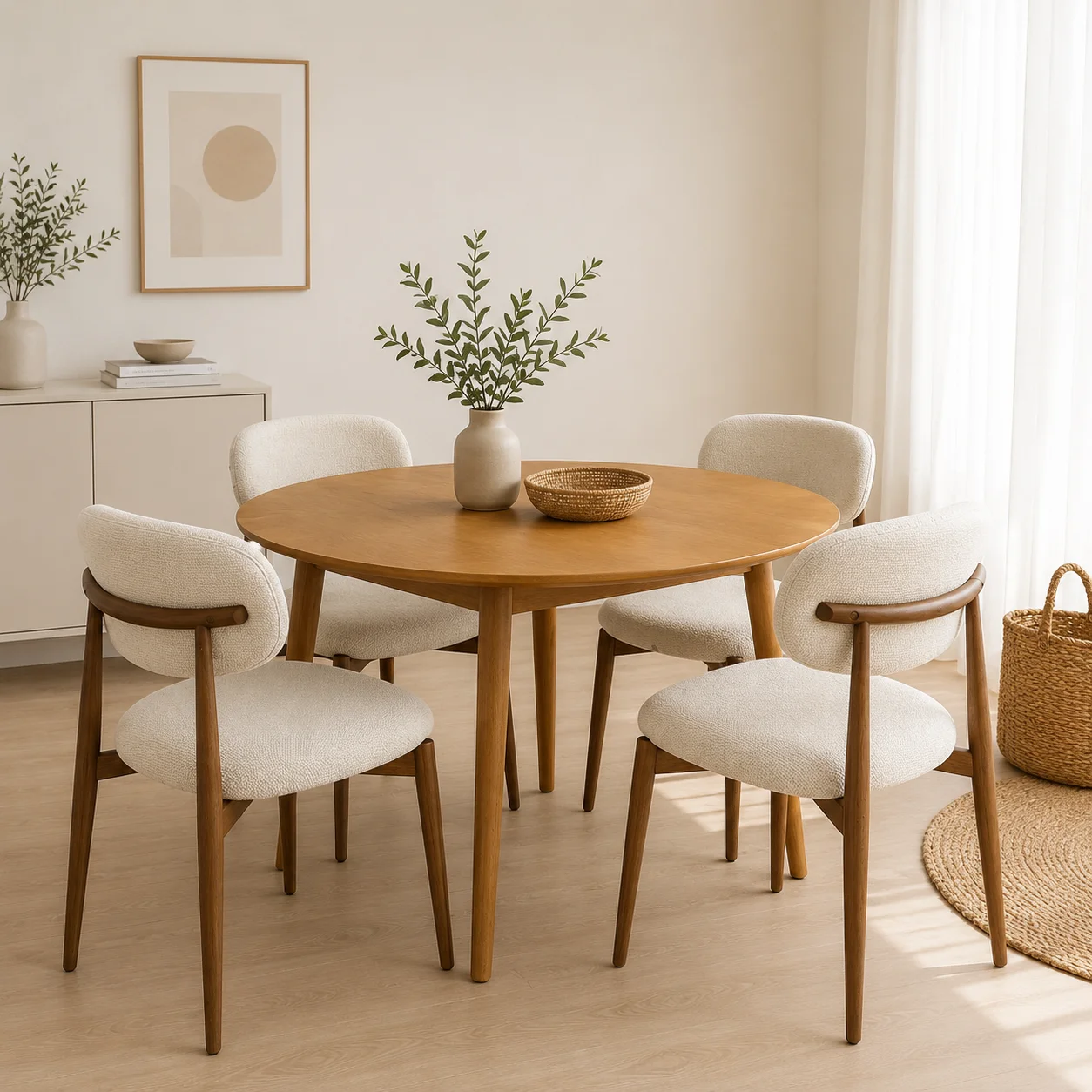 Mesa Vema Redonda Walnut con 4 Silla Siena Lino