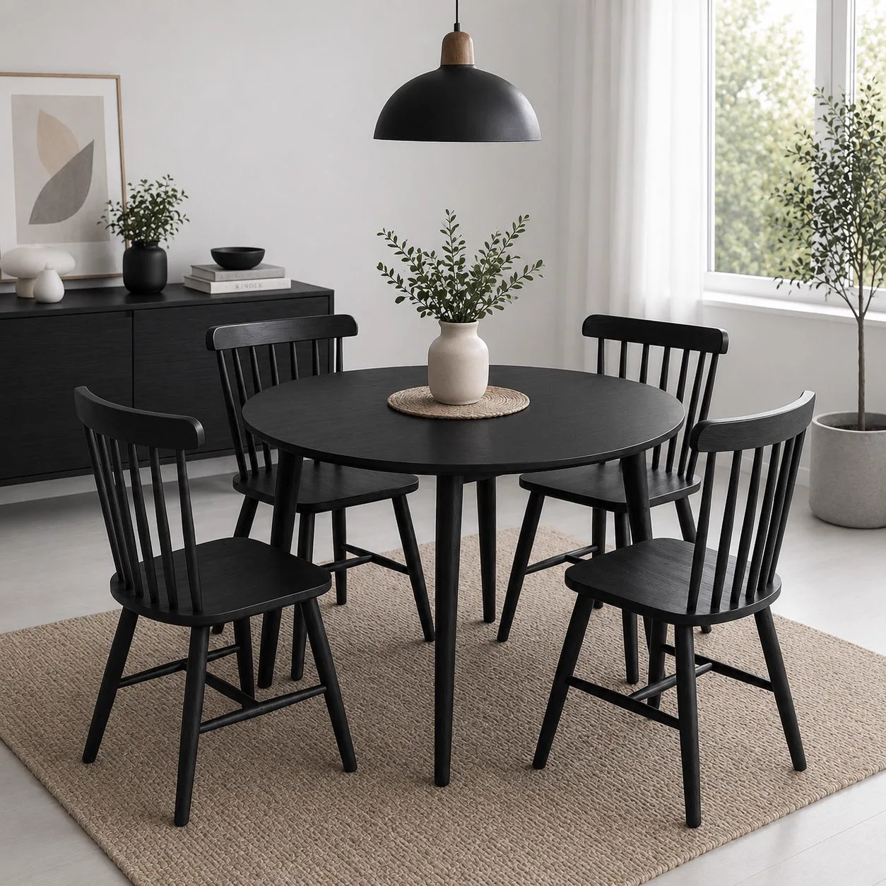 Mesa Vema Wood Negra con 4 Silla Windsor Madera Negra