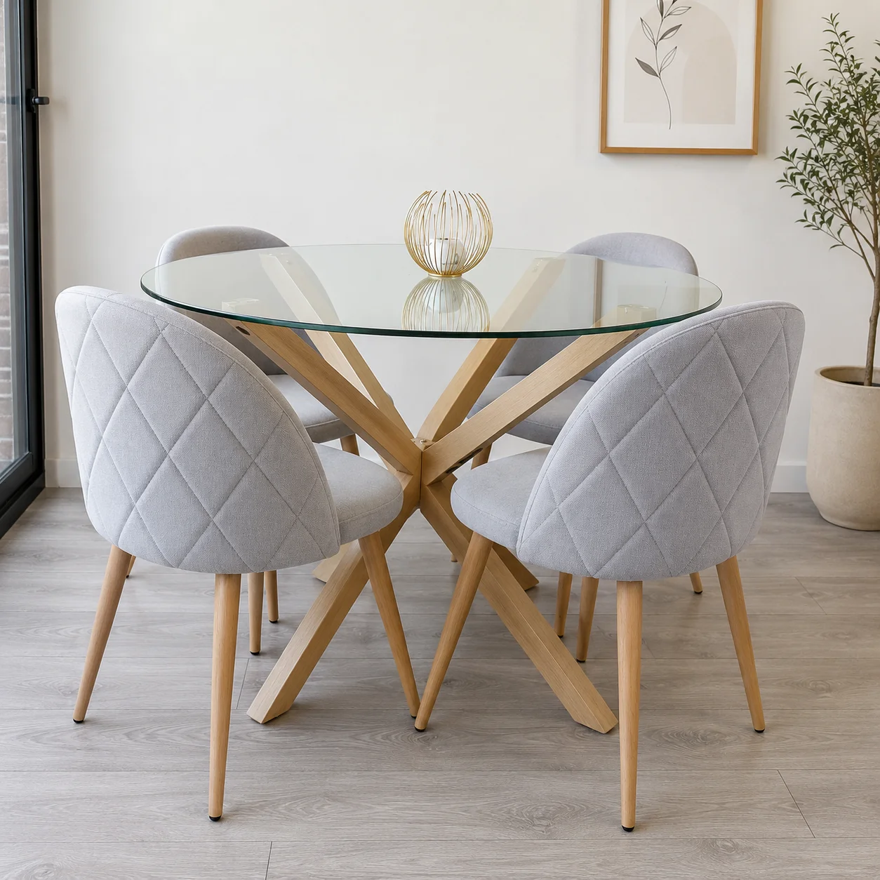 Mesa Warwick (100cm) con 4 sillas Tokio lino wood