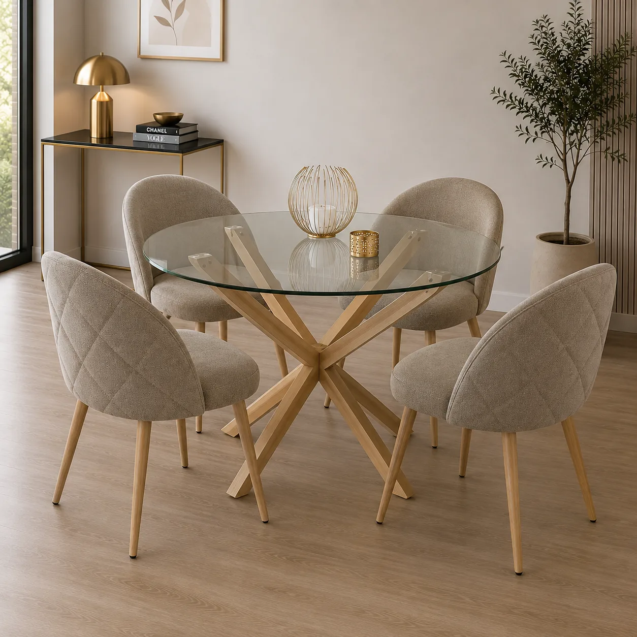 Mesa Warwick (120CM) con 4 Sillas Tokio Lino Wood