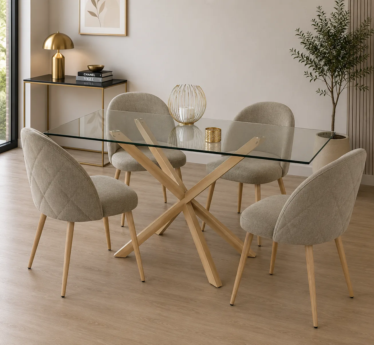Mesa Warwick Rectangular con 4 Sillas Tokio Lino Wood