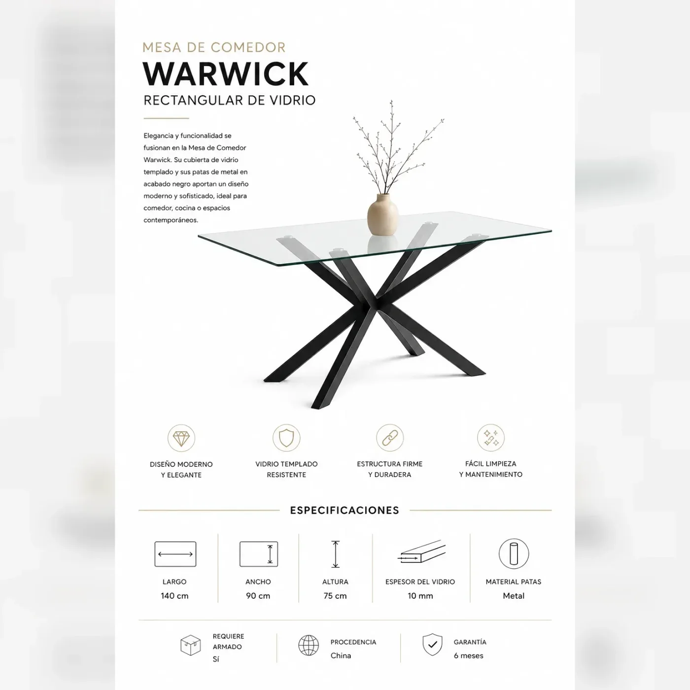 Mesa Warwick Rectangular Vidrio Black
