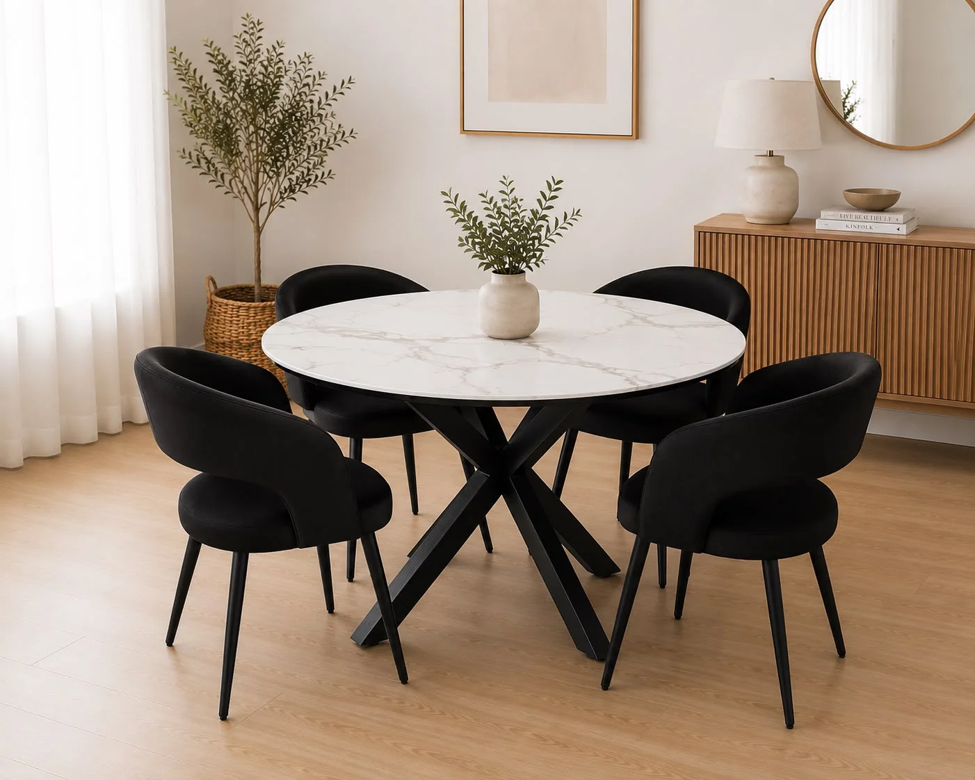 Mesa Warwick Redonda Stone Black con 4 Sitiales Diana Felpa Black