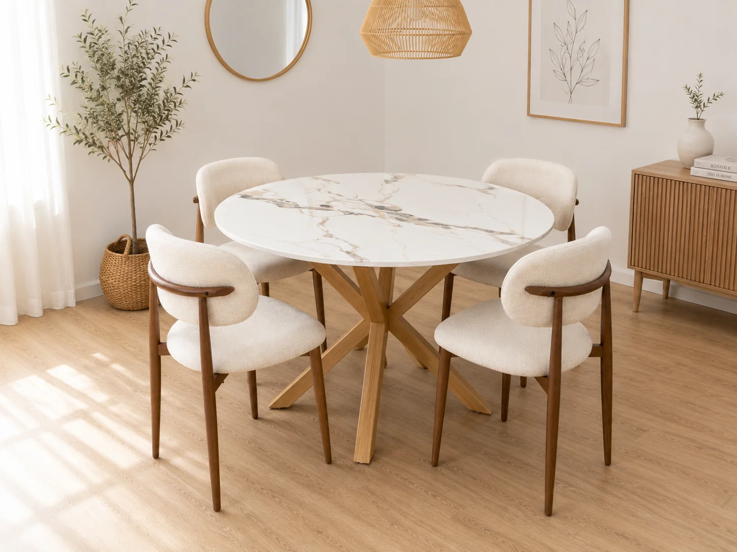 Mesa Warwick Redonda Stone Wood con  4 Silla de Comedor Siena Lino