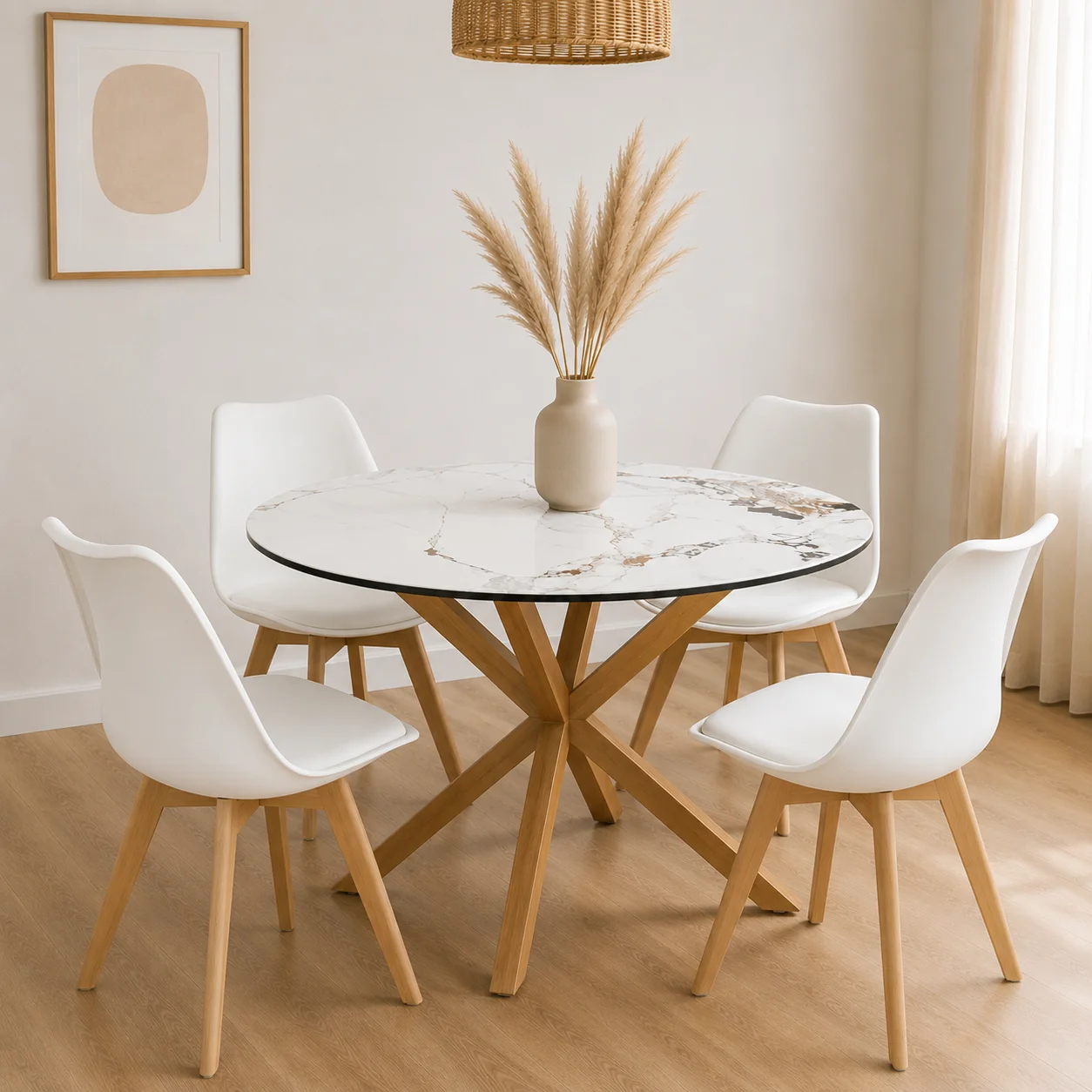 Mesa Warwick Redonda Stone Wood con Sillas Tulip Acolchadas