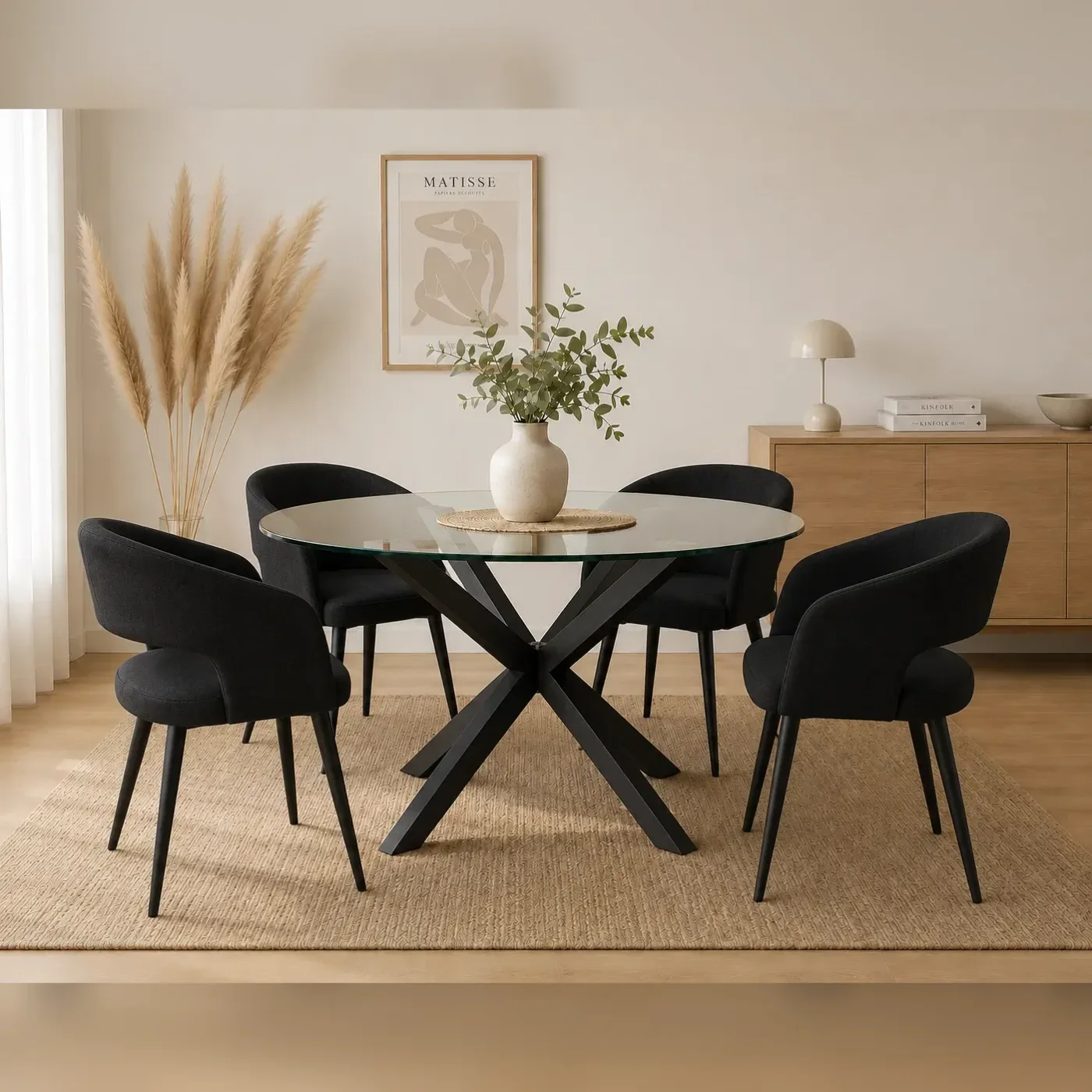 Mesa Warwick Redonda Vidrio Black con 4 Sitiales Diana Felpa Black