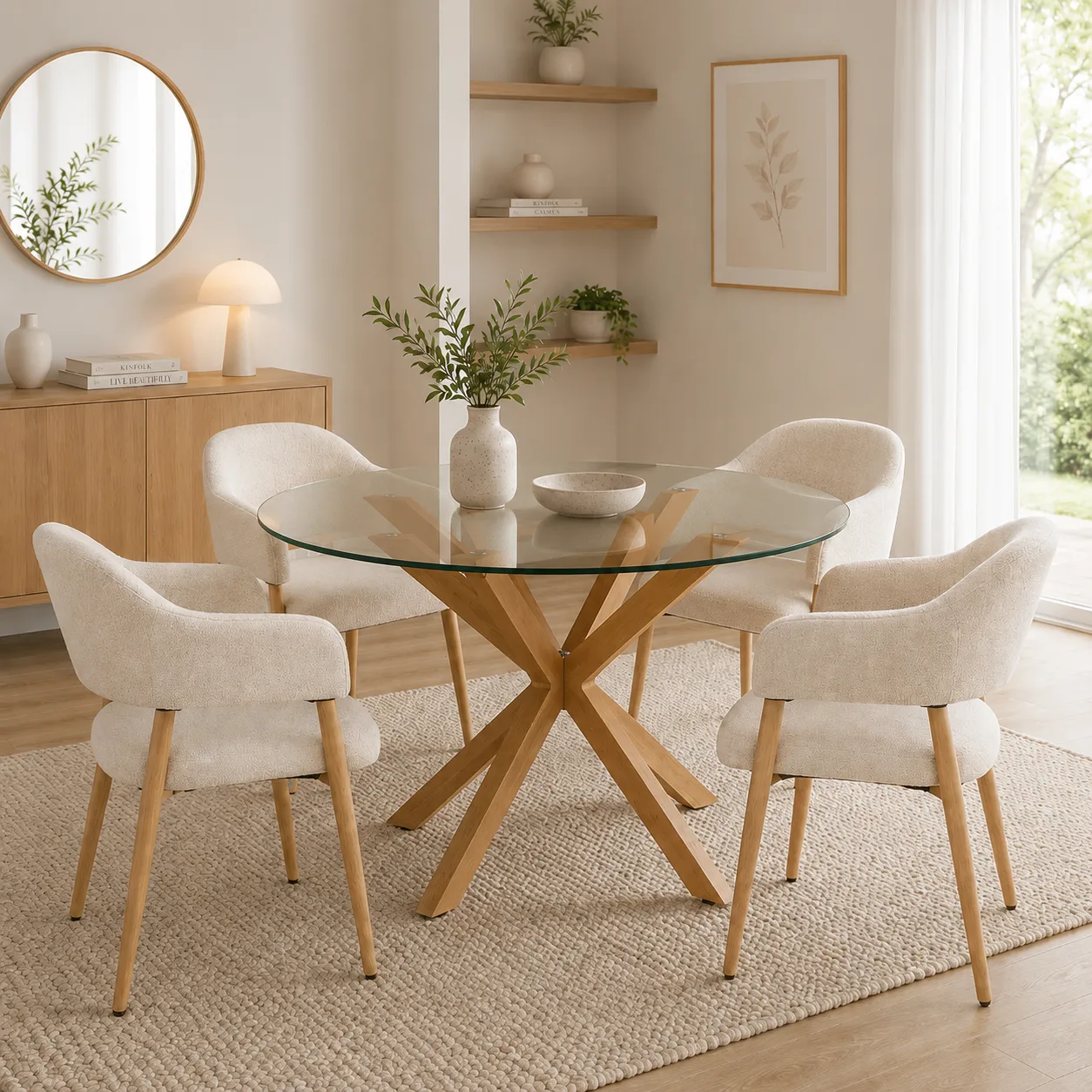 Mesa Warwick Redonda Vidrio con 4 Sitial Siena Lino Wood