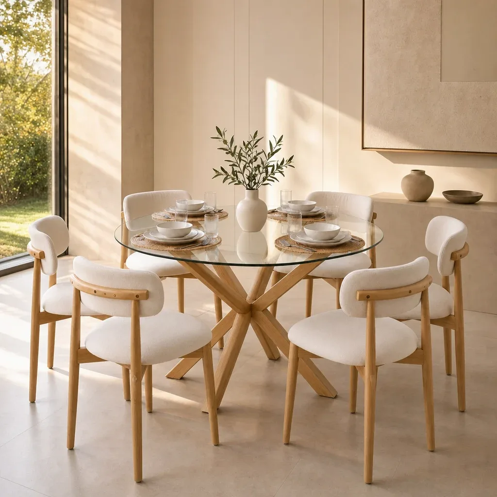 Mesa Warwick Redonda Vidrio con 6 Sillas Siena Lino Wood