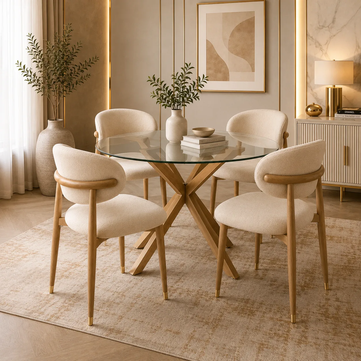 Mesa Warwick Redonda Vidrio con Sillas Siena Lino Wood