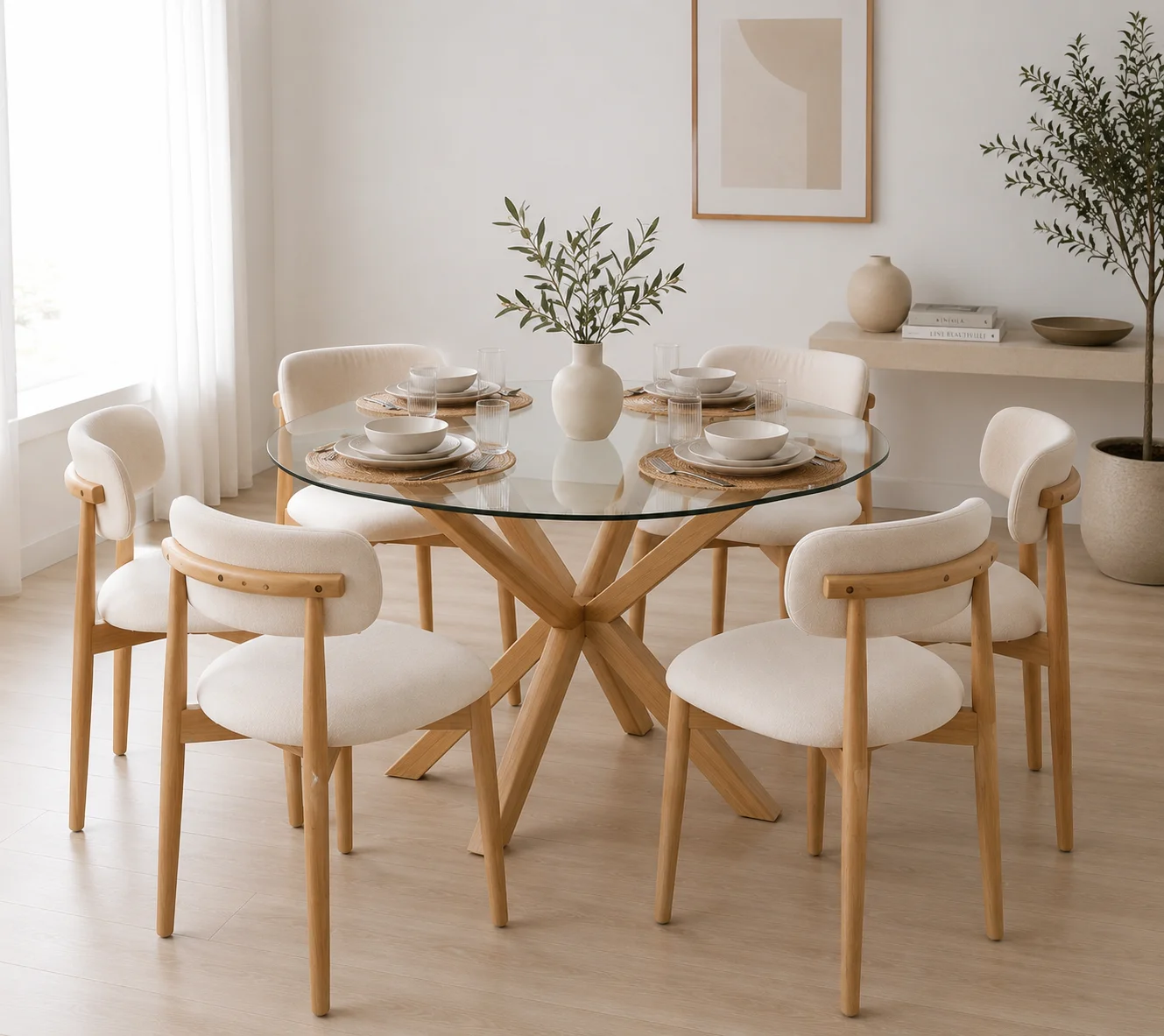 Mesa Warwick Redonda Vidrio con Sillas Siena Madera Poliester