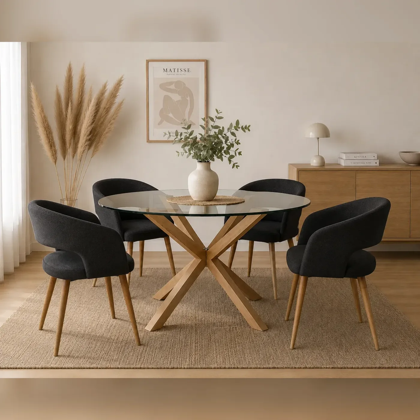 Mesa Warwick Redonda Vidrio Wood con 4 Sitiales Diana Felpa Wood