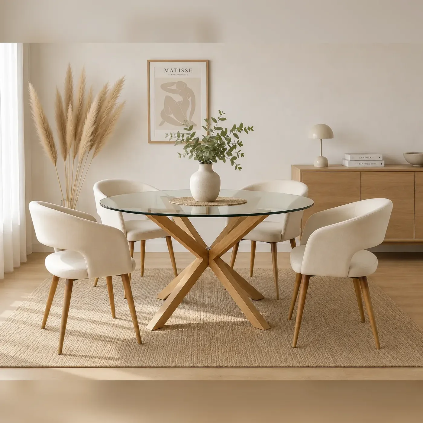 Mesa Warwick Redonda Vidrio Wood con 4 Sitiales Diana Felpa Wood