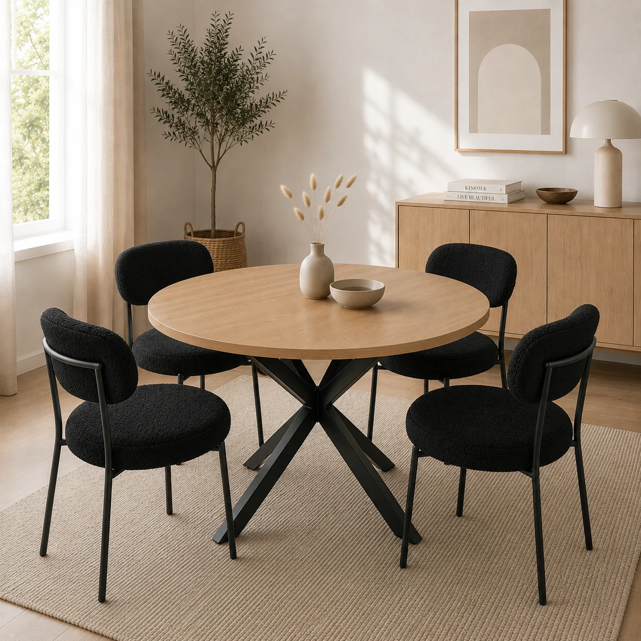 Mesa Warwick Redonda Wood Black con Silla Oslo Boucle Black