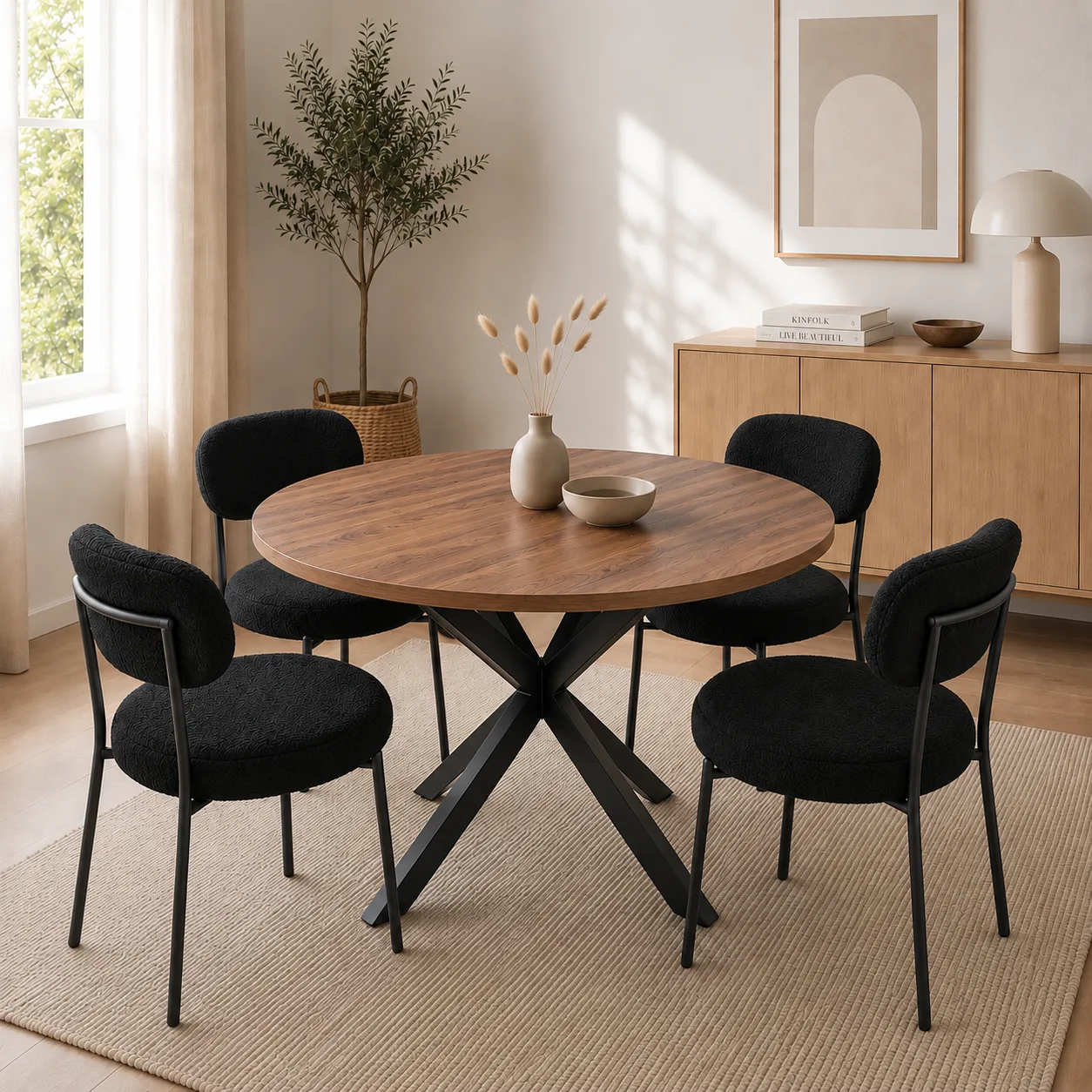 Mesa Warwick Redonda Wood Black con Silla Oslo Boucle Black