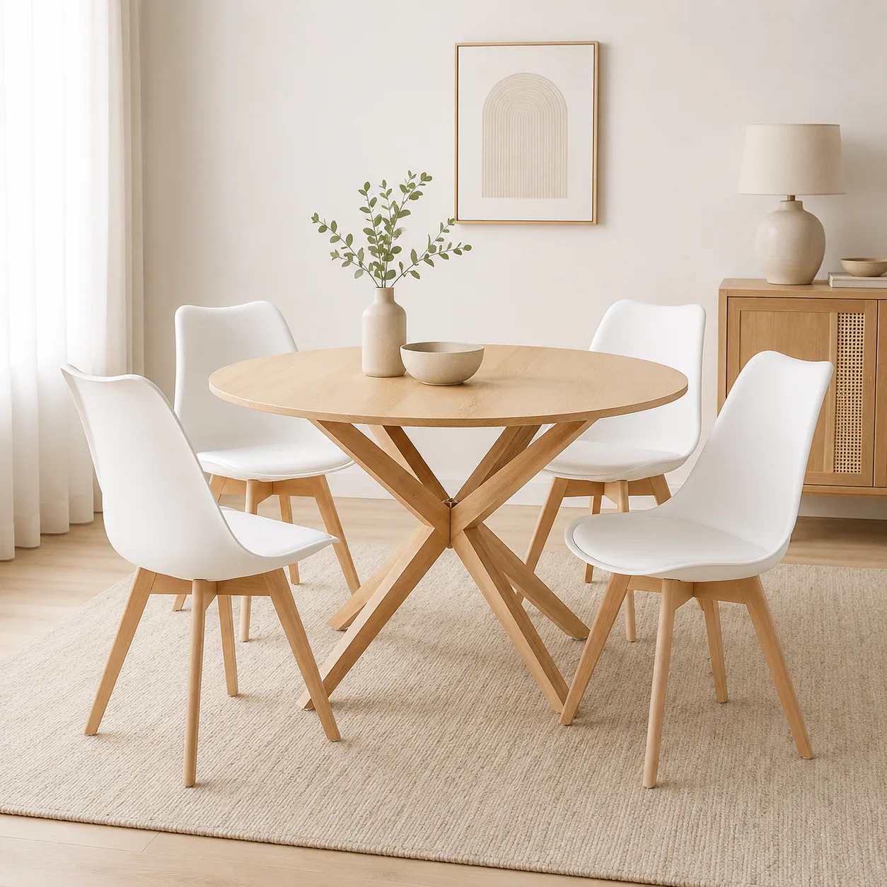 Mesa Warwick Redonda Wood con 4 Silla Tulip Acolchada