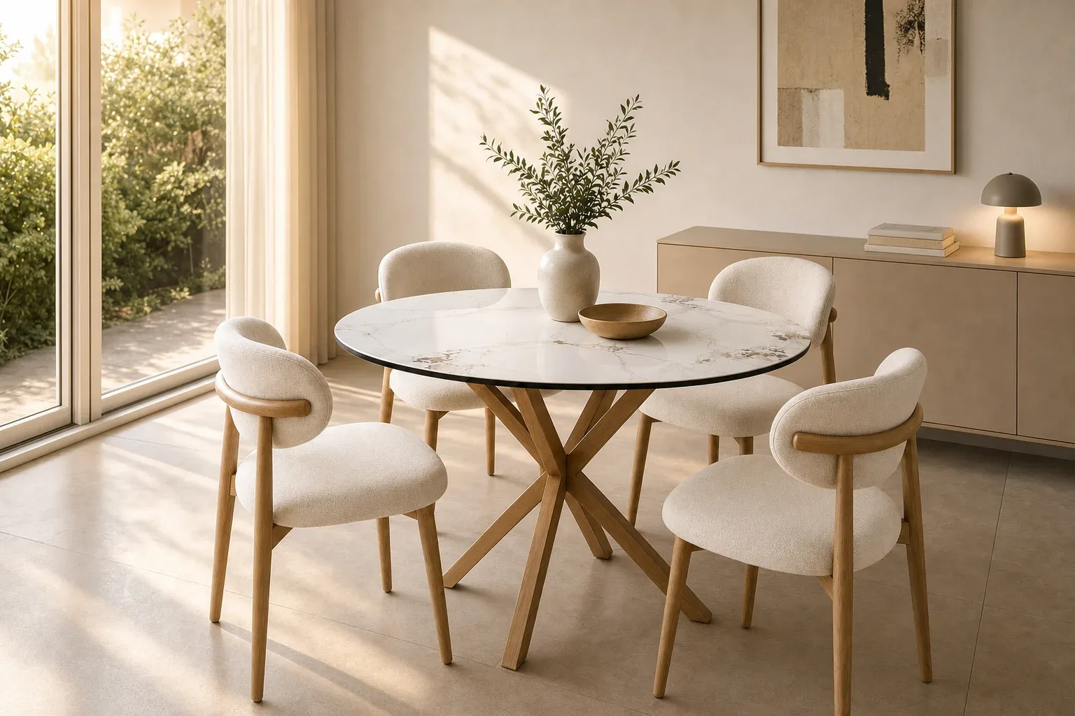 Mesa Warwick Stone Redonda con 4 Silla Siena Lino Wood