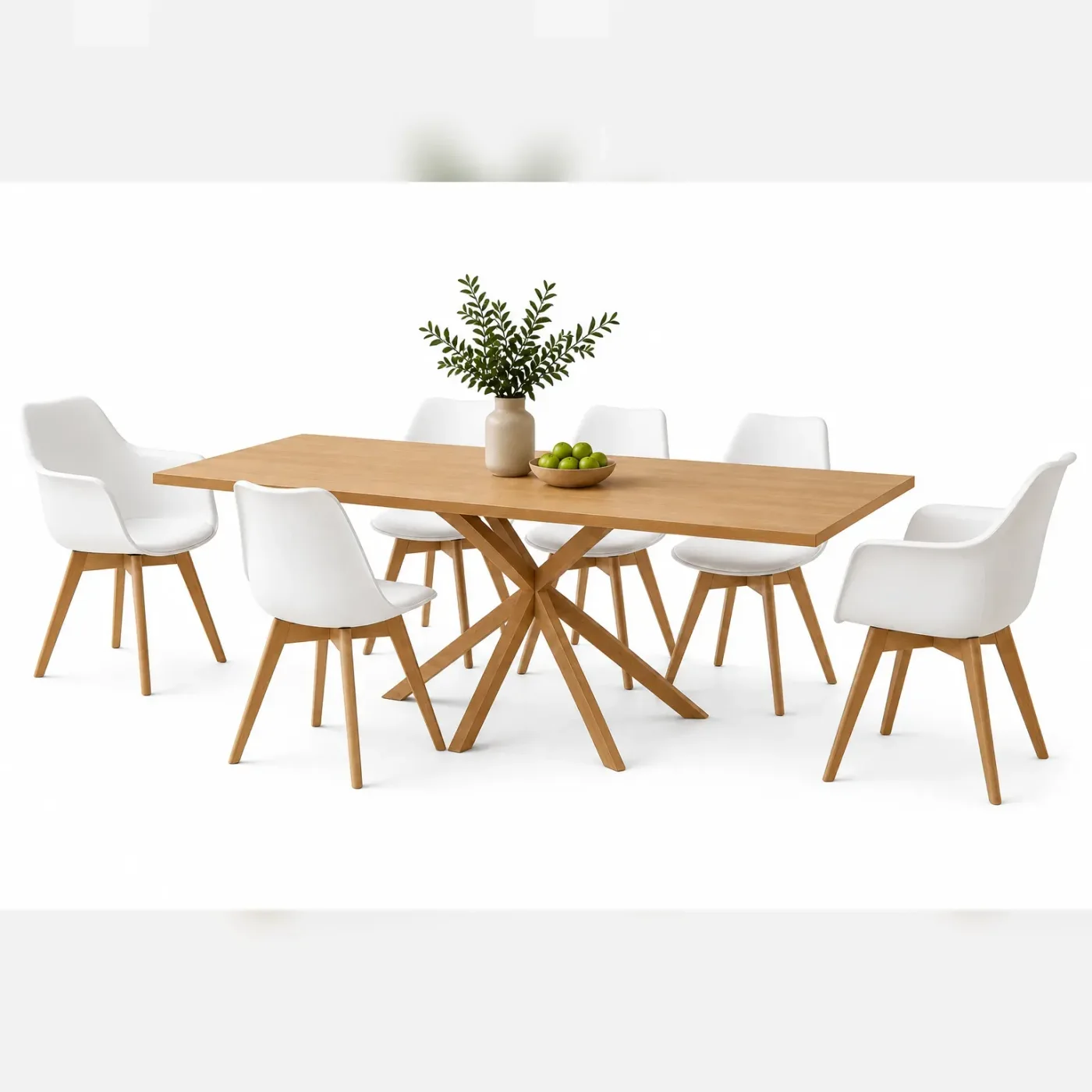 Mesa Warwick Wood con 4 Sillas Tulip y 2 Butacas Tulip Acolchadas