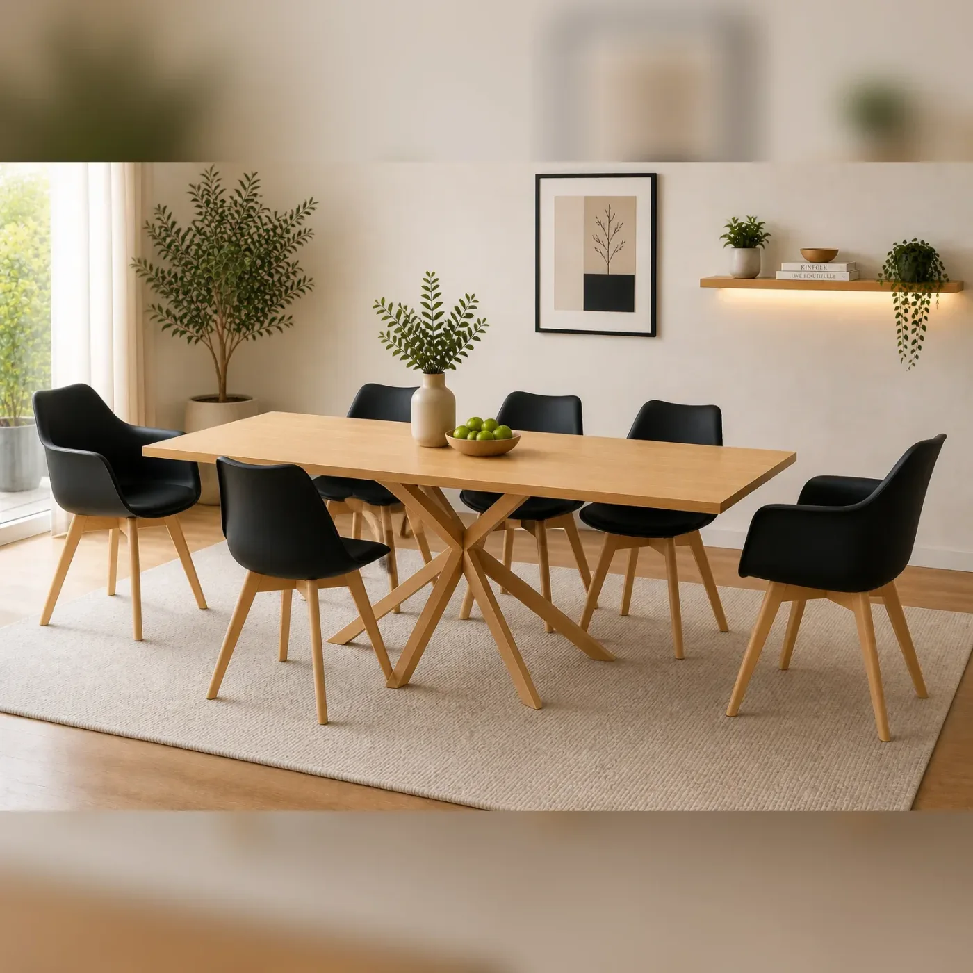 Mesa Warwick Wood con 4 Sillas Tulip y 2 Butacas Tulip Acolchadas
