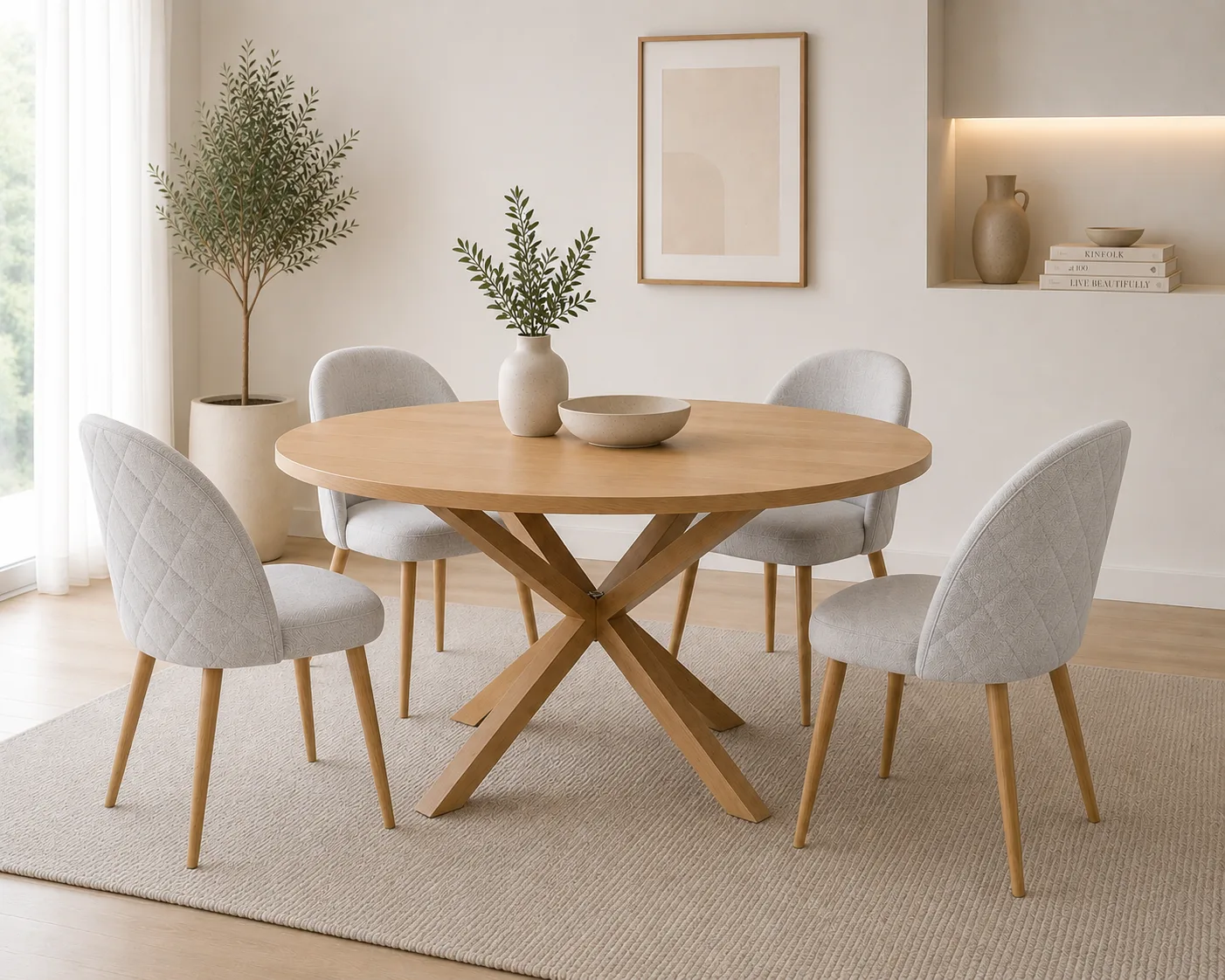 Mesa Warwick Wood Redonda con 4 Silla Tokio Lino Wood