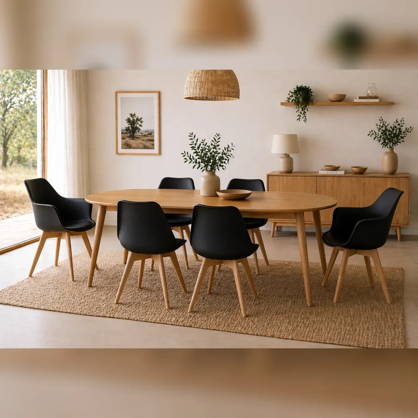 Mesa Wood Expandible con Sillas y Butacas Tulip Acolchadas