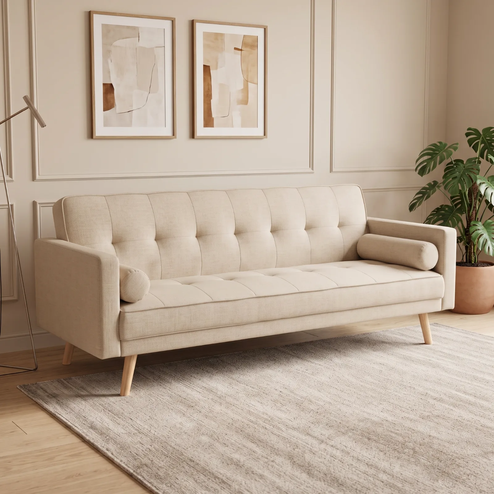 Sofá Cama Beige de Lino 3 Cuerpos Milán